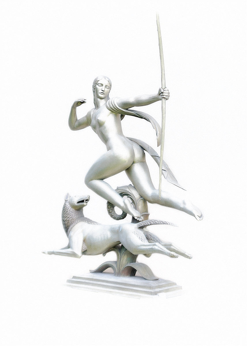 A classical-style sculpture of a nude female figure in motion
