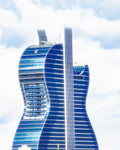 blue glass guitar-shaped hotel in Florida